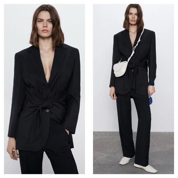 Zara Jackets & Blazers - Zara Women Tie Belt Blazer Black 2110/454 Size Large Oversized Cinched Waist